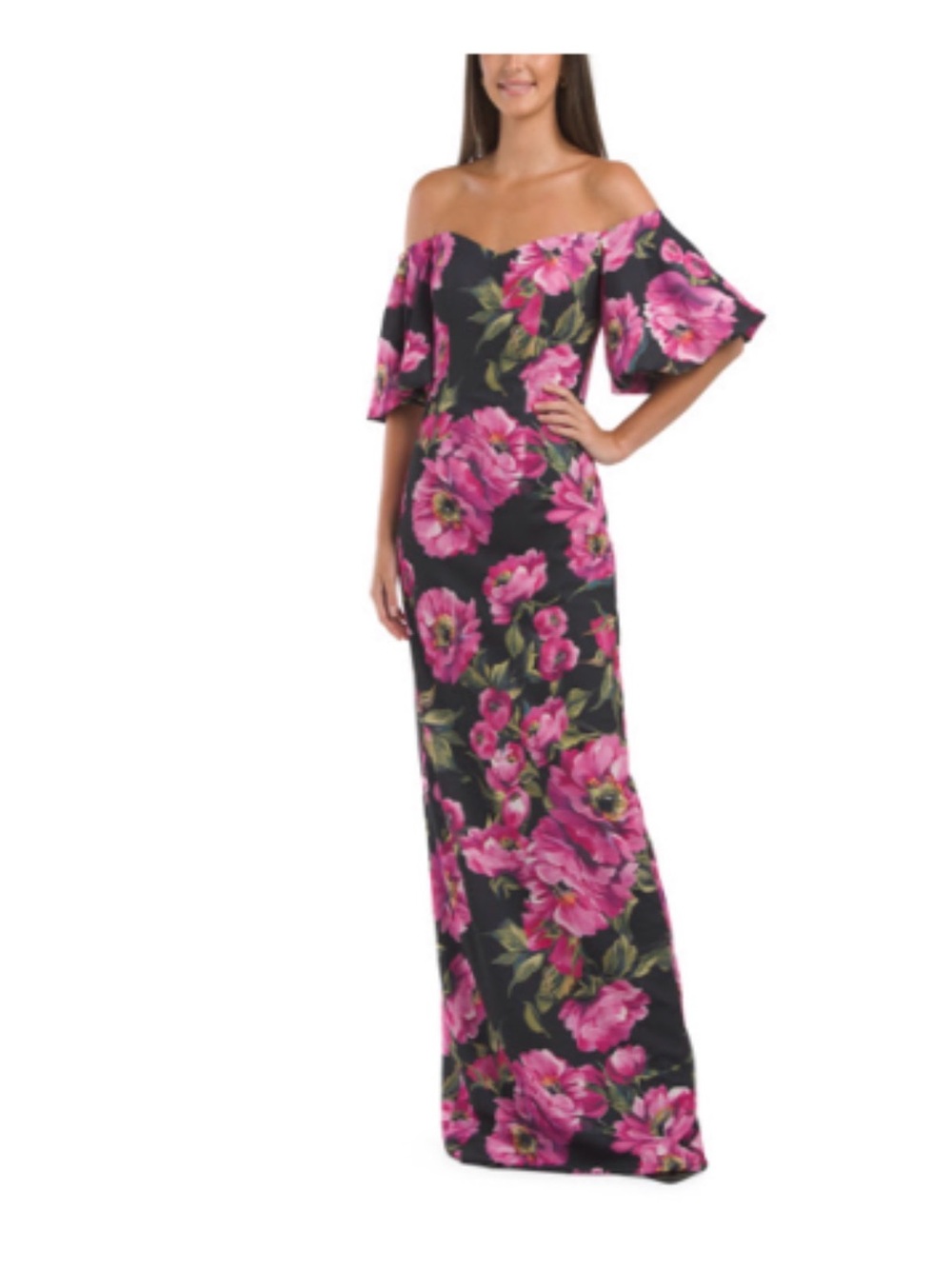 One-Shoulder Black Maxi Dress with Pink Floral Print New No Tags